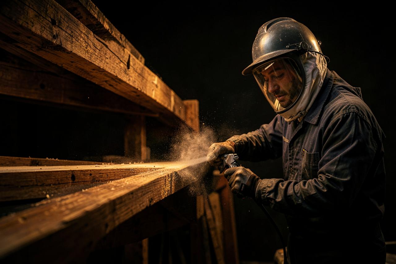 Técnico aplicando tratamiento protector sobre vigas de madera