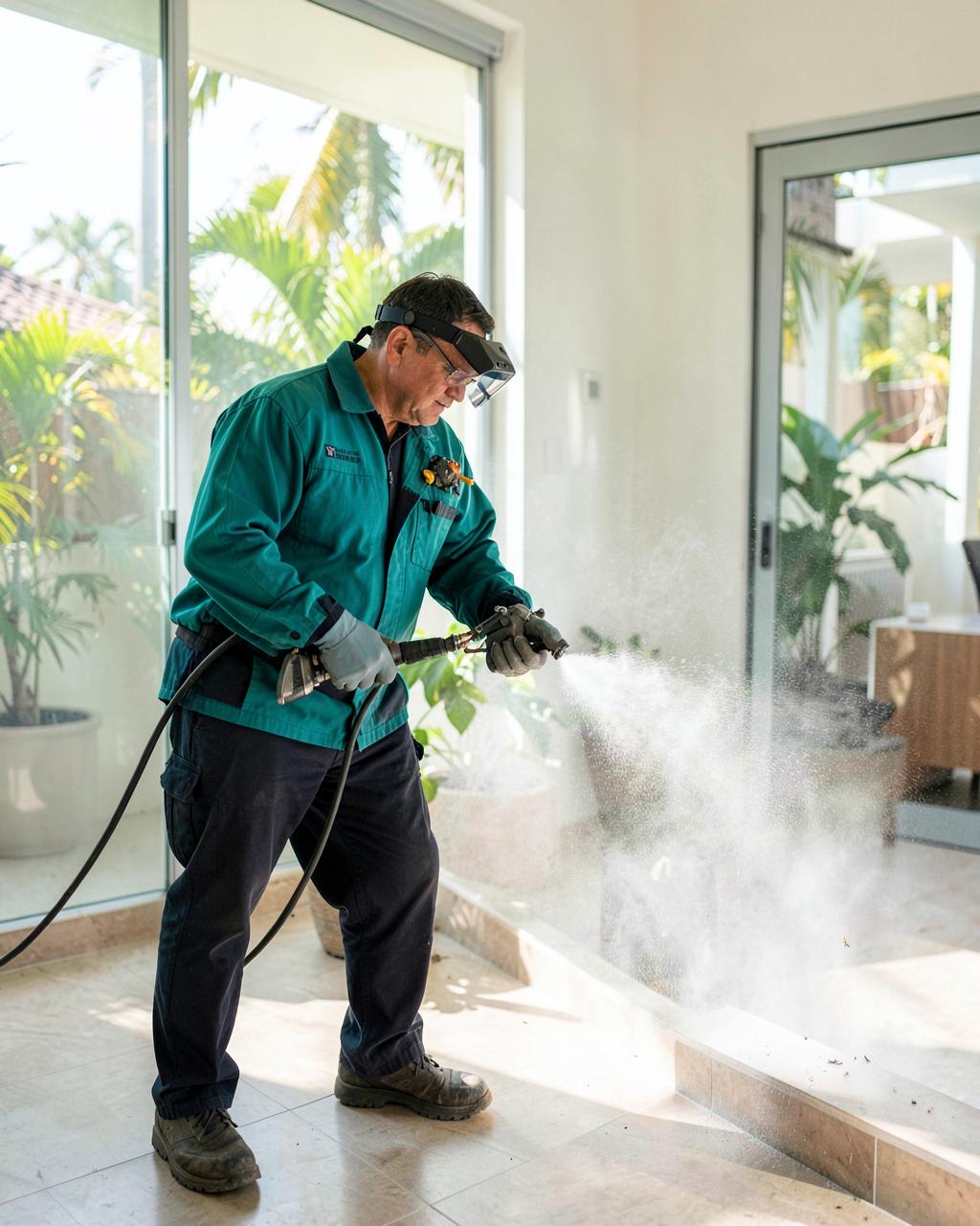 Técnico de Fumigadora F&C realizando fumigación en un hogar de Santo Domingo